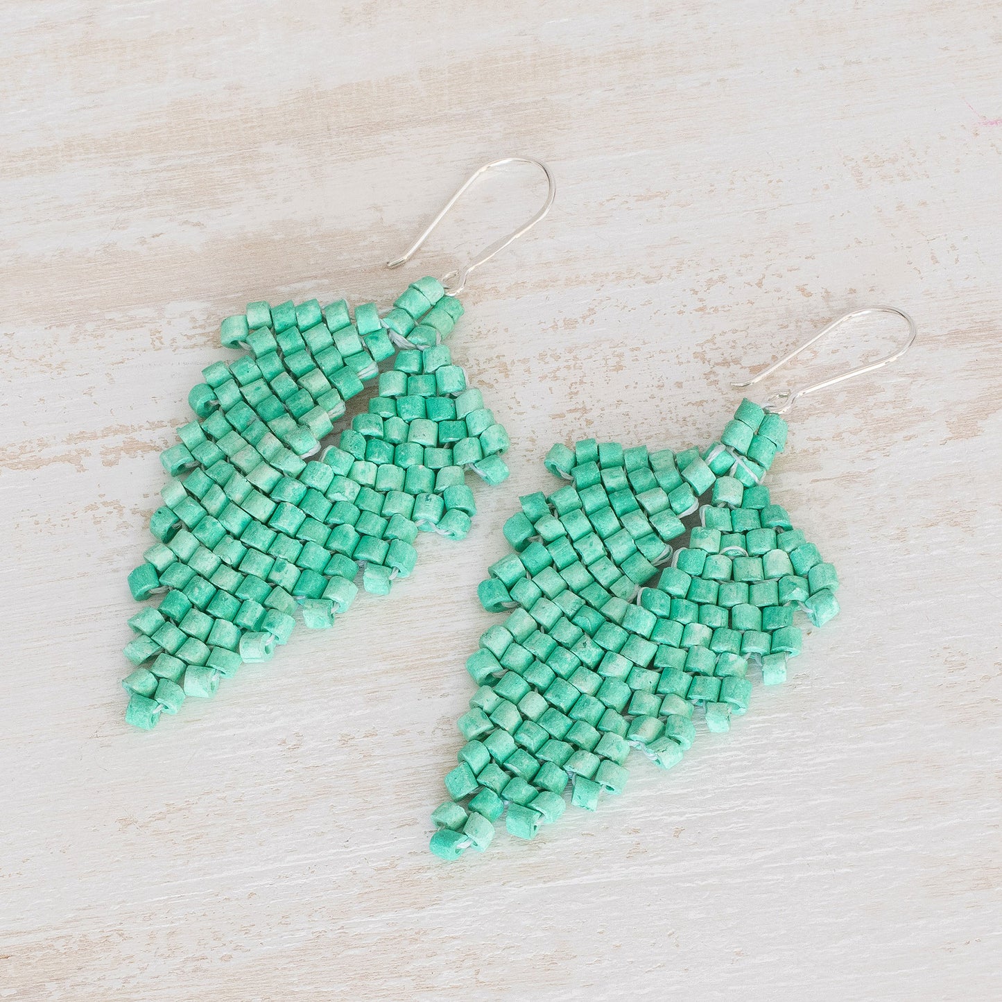 Elegant Wind in Green Leaf-Shaped Ceramic Beaded Dangle Earrings in Green