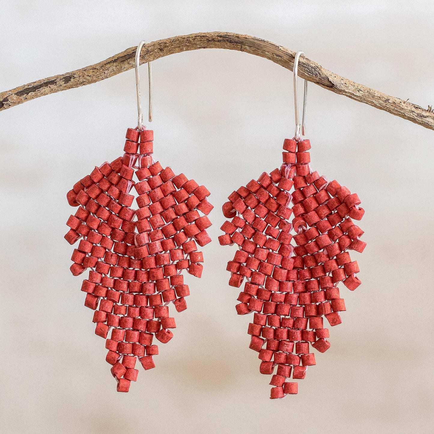 Elegant Wind in Chili Leaf-Shaped Ceramic Beaded Dangle Earrings in Chili