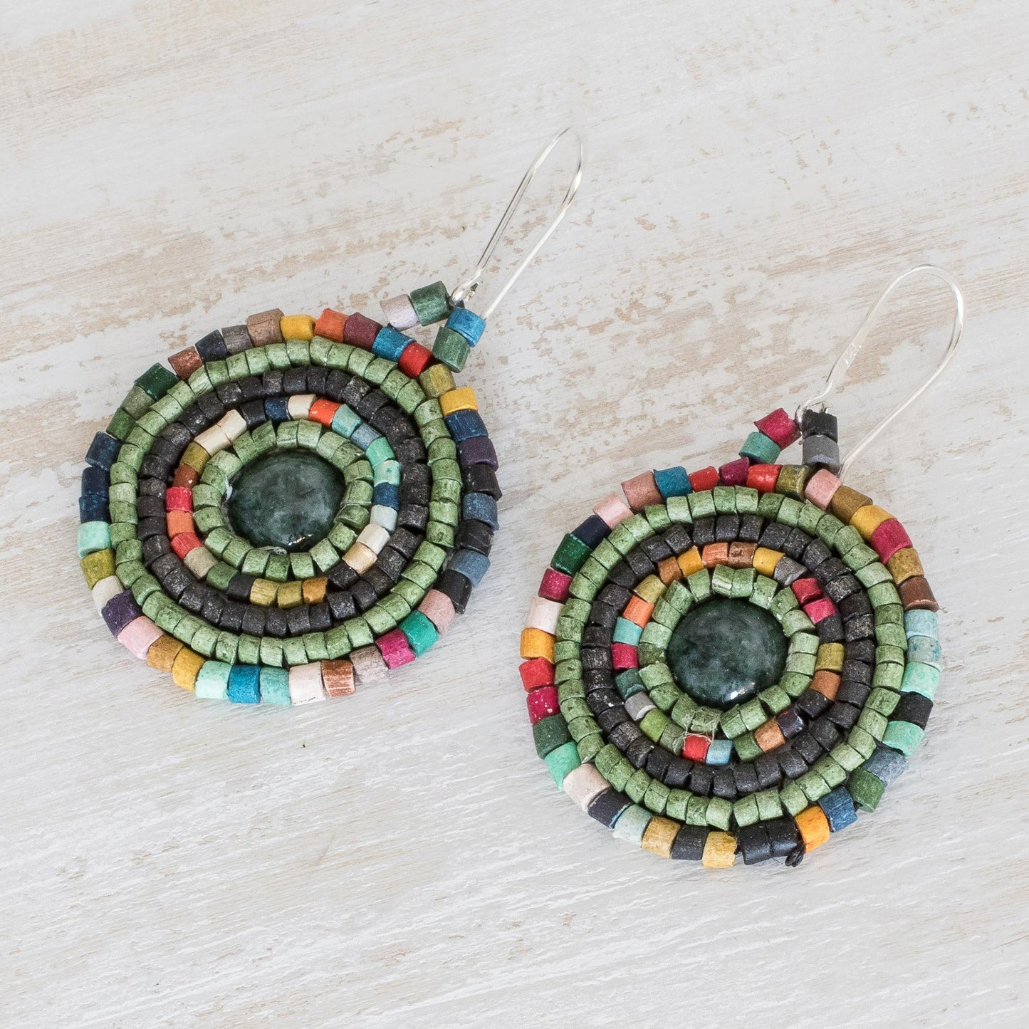 Cultural Essence Jade and Colorful Ceramic Beaded Dangle Earrings