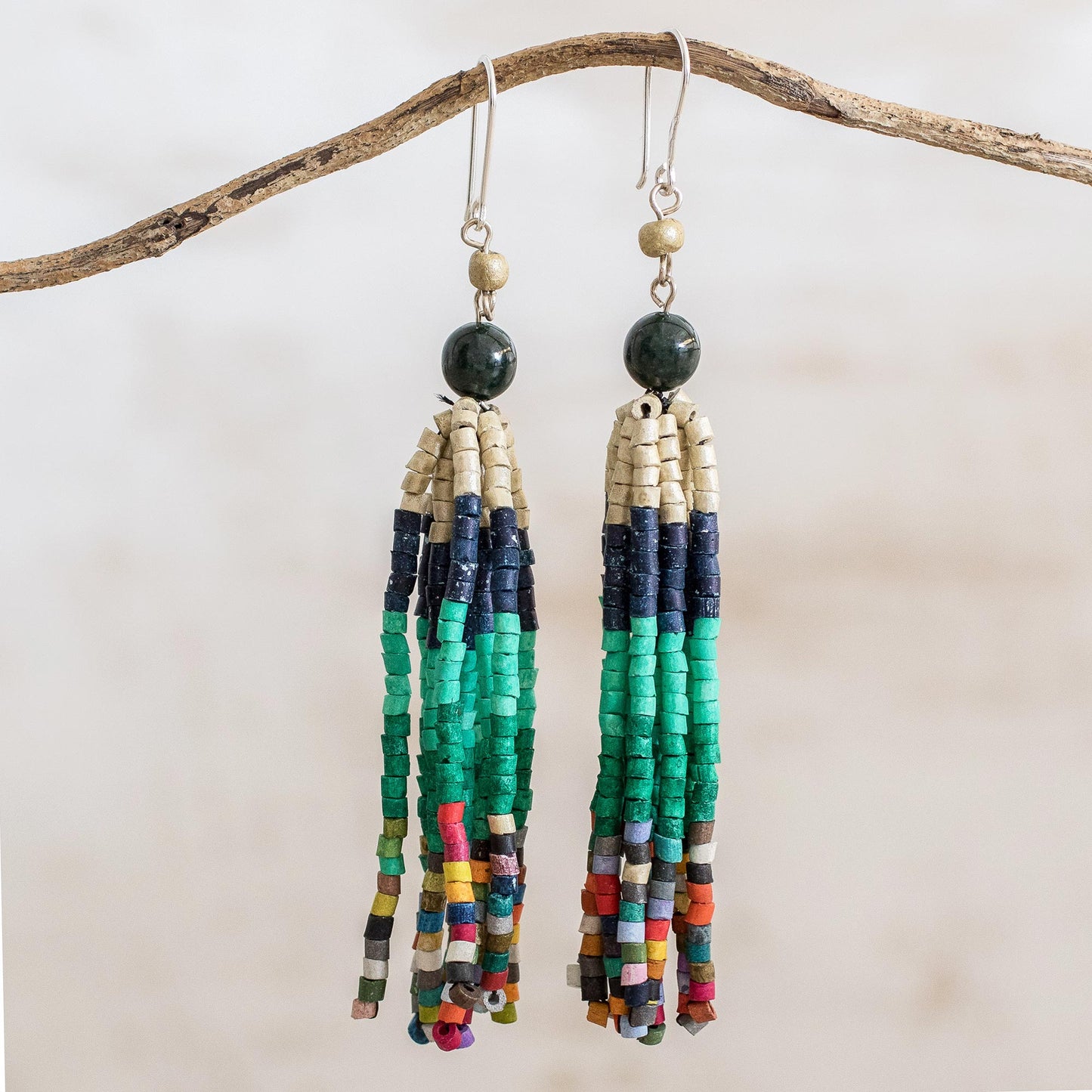 Tradition and Custom Dark Green Jade and Ceramic Beaded Waterfall Earrings