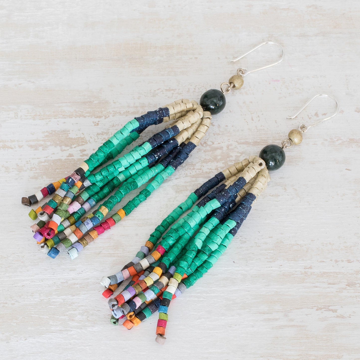 Tradition and Custom Dark Green Jade and Ceramic Beaded Waterfall Earrings