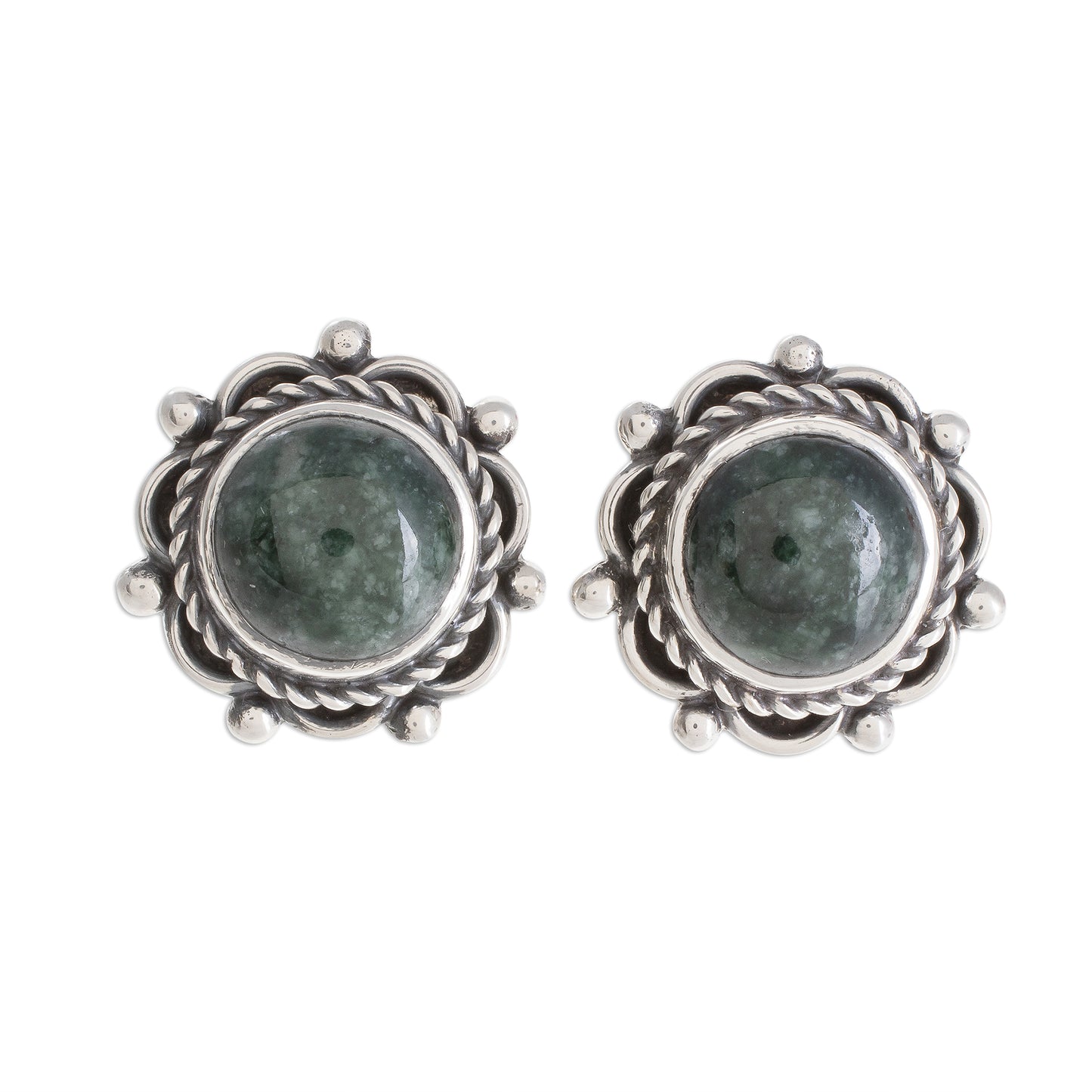 Antigua Sun Dark Green Jade Button Earrings from Guatemala