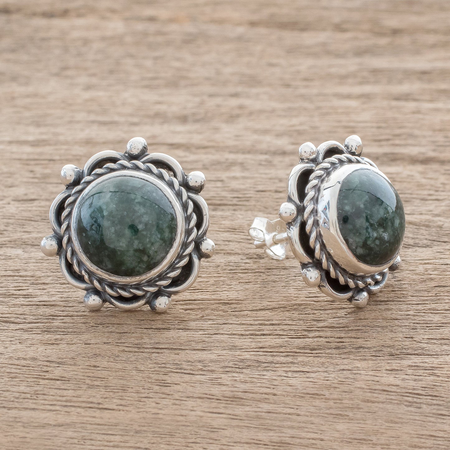 Antigua Sun Dark Green Jade Button Earrings from Guatemala