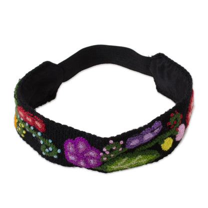 Distinct Bouquet Colorful Floral Embroidered Wool Headband from Peru