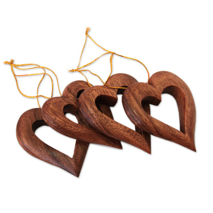 Heart Grain Heart-Shaped Suar Wood Ornaments from Bali (Set of 4)