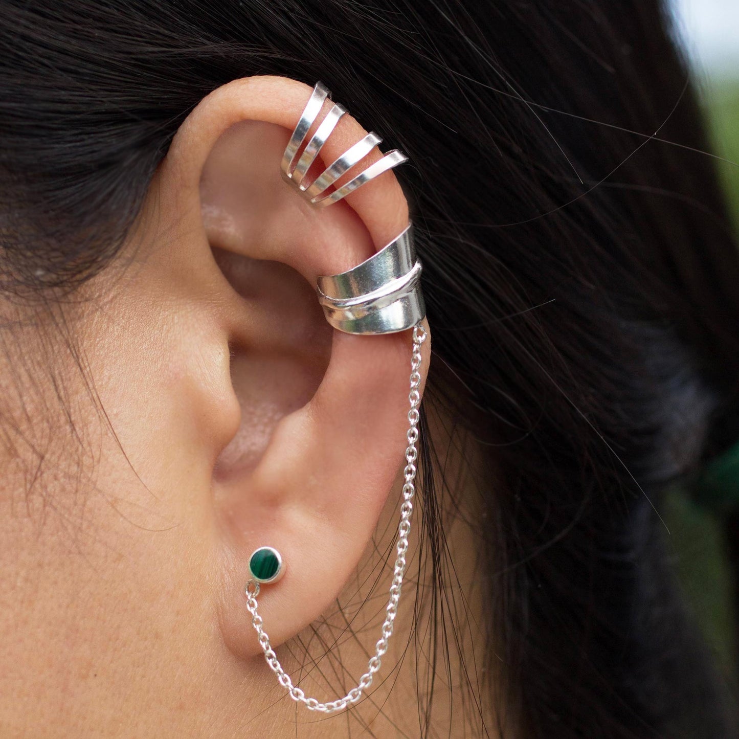 Forest Whisper Sterling Silver Ear Cuffs with Chain in Green from Thailand