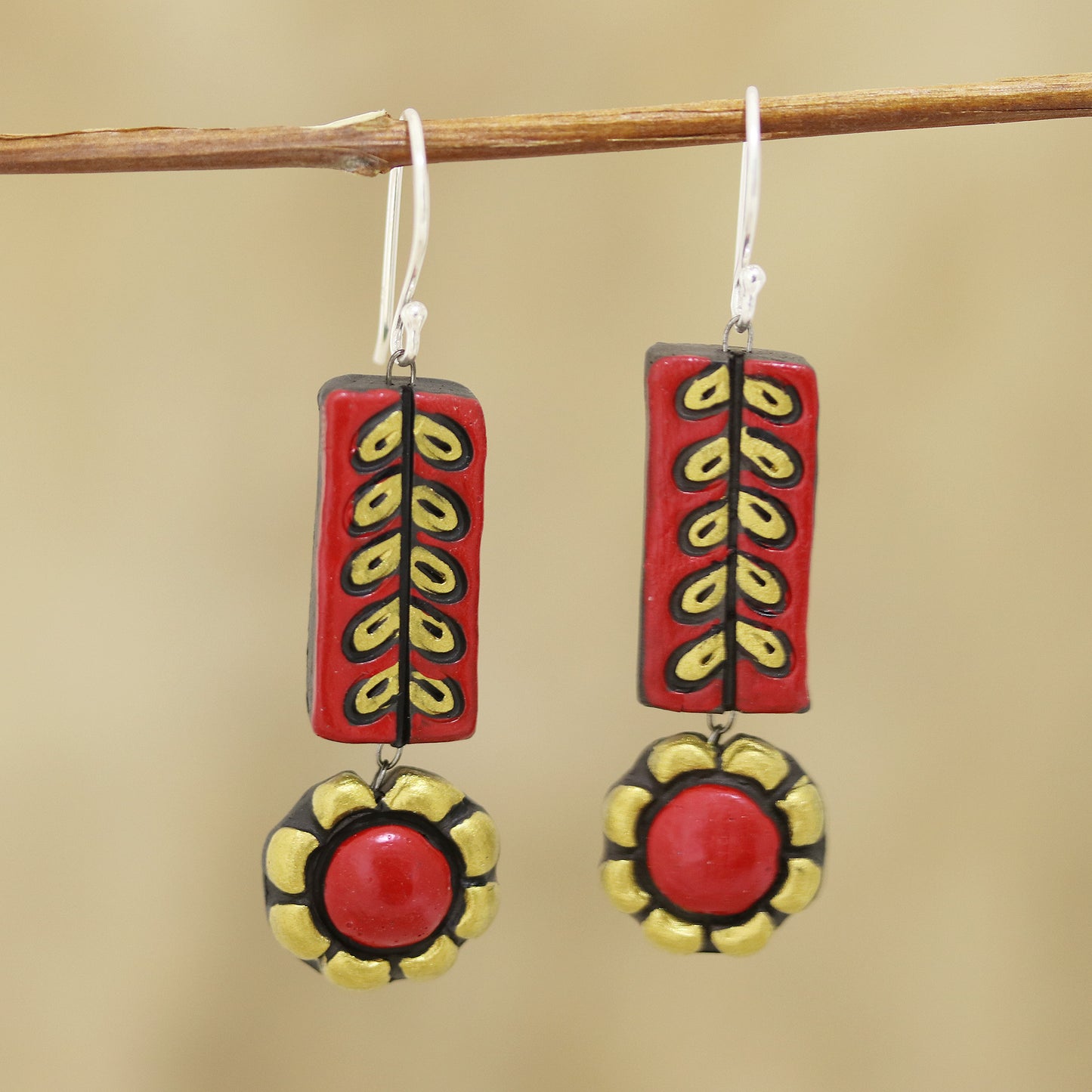 Creative Flowers Red and Golden Floral Ceramic Dangle Earrings from India