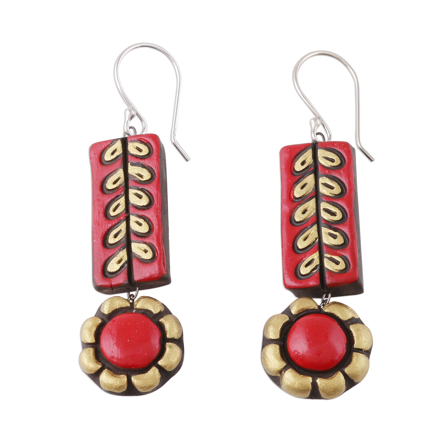 Creative Flowers Red and Golden Floral Ceramic Dangle Earrings from India