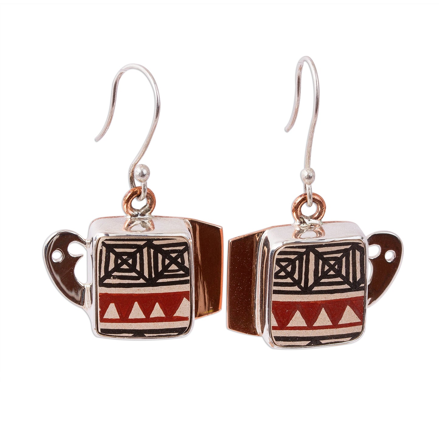 Paquime Tradition Hand-Painted Cultural Silver and Ceramic Dangle Earrings