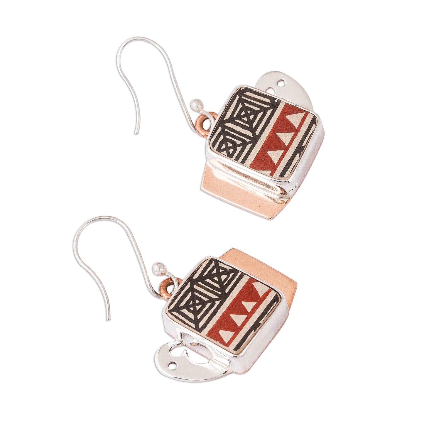 Paquime Tradition Hand-Painted Cultural Silver and Ceramic Dangle Earrings