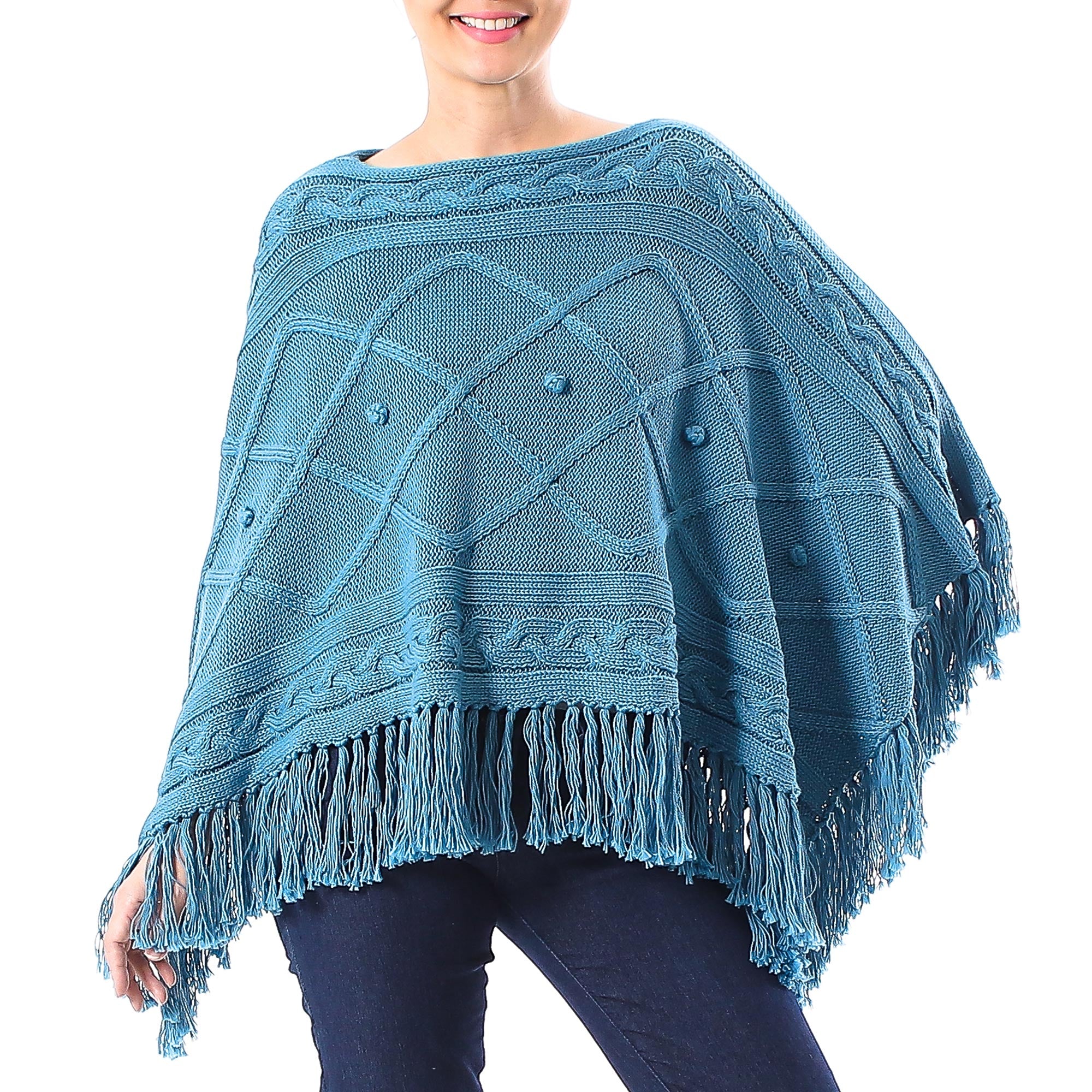 NOVICA Charming Knit in Cerulean Short Knit Cotton Poncho in