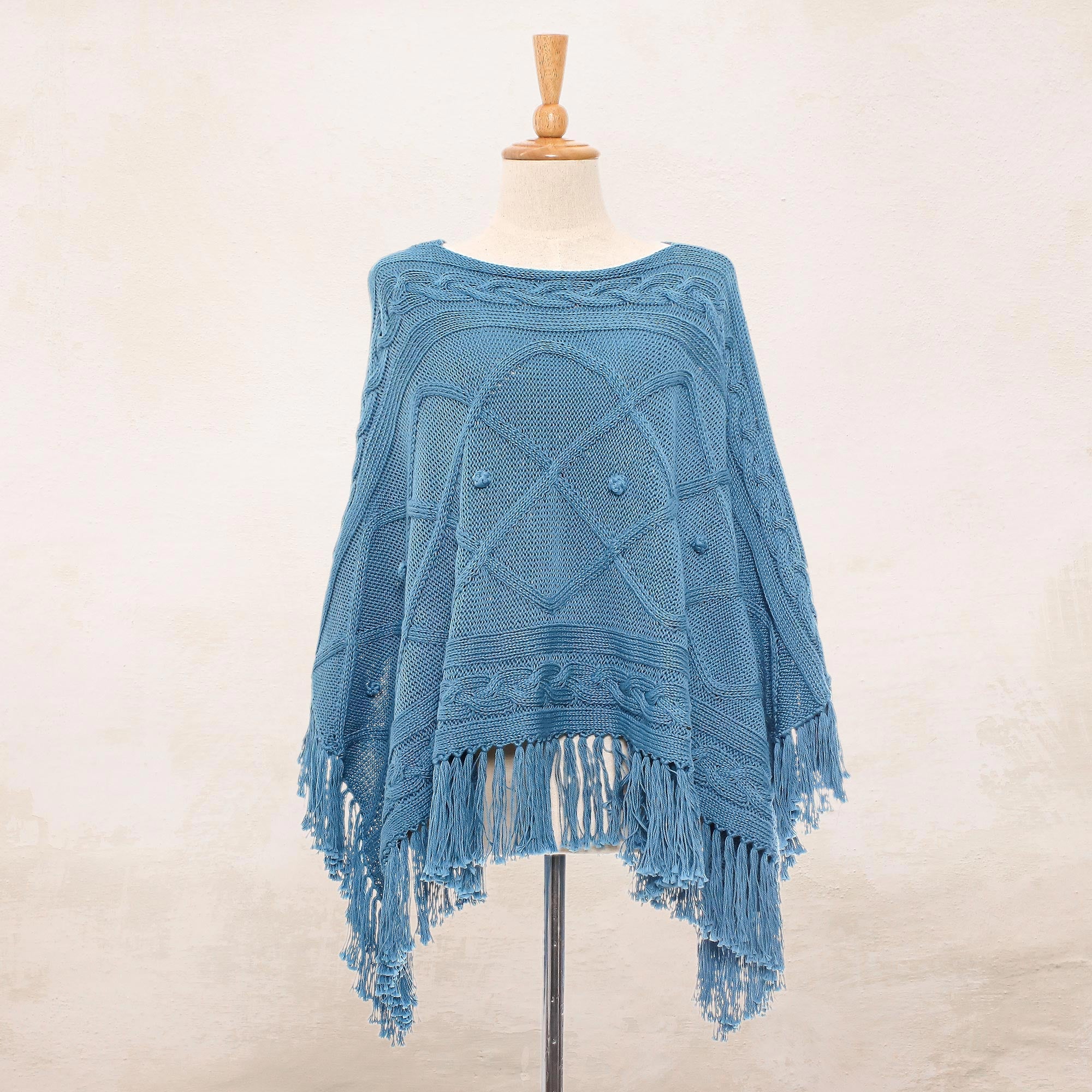 NOVICA Charming Knit in Cerulean Short Knit Cotton Poncho in
