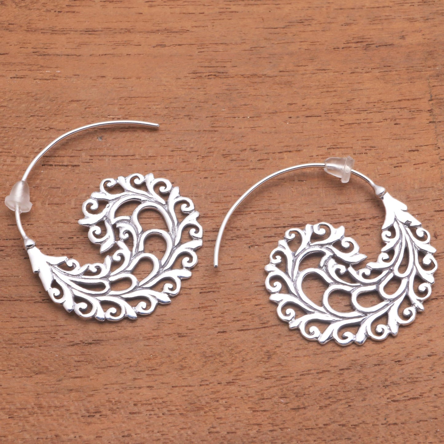 Romantic Vines Vine Pattern Sterling Silver Half-Hoop Earrings from Bali