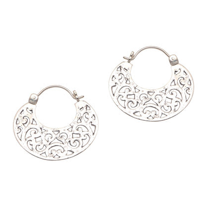 Beautiful Curves Openwork Sterling Silver Hoop Earrings from Bali