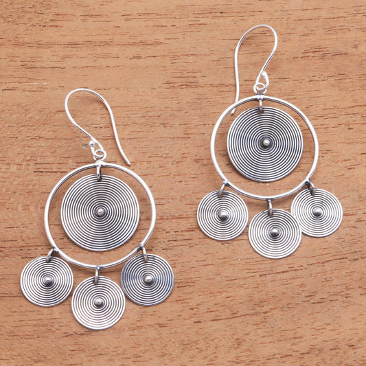 Mesmerizing Discs Circular Sterling Silver Chandelier Earrings from Bali