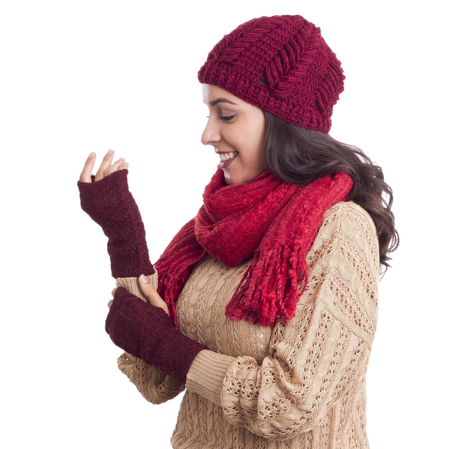 Passionate Pattern in Maroon Patterned 100% Baby Alpaca Fingerless Mitts in Maroon