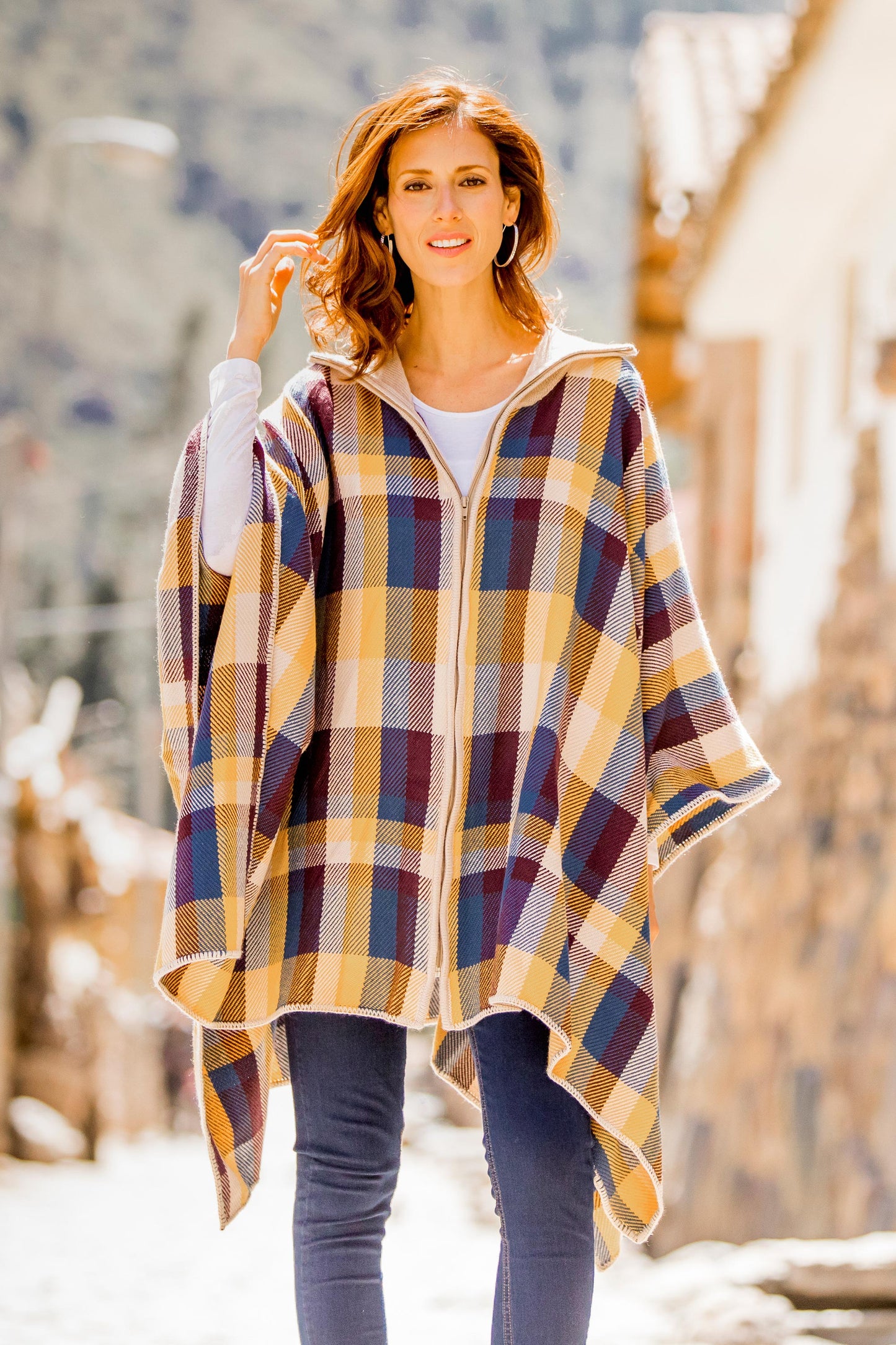 Cuzco Morning Check Pattern Alpaca Blend Poncho Sweater from Peru