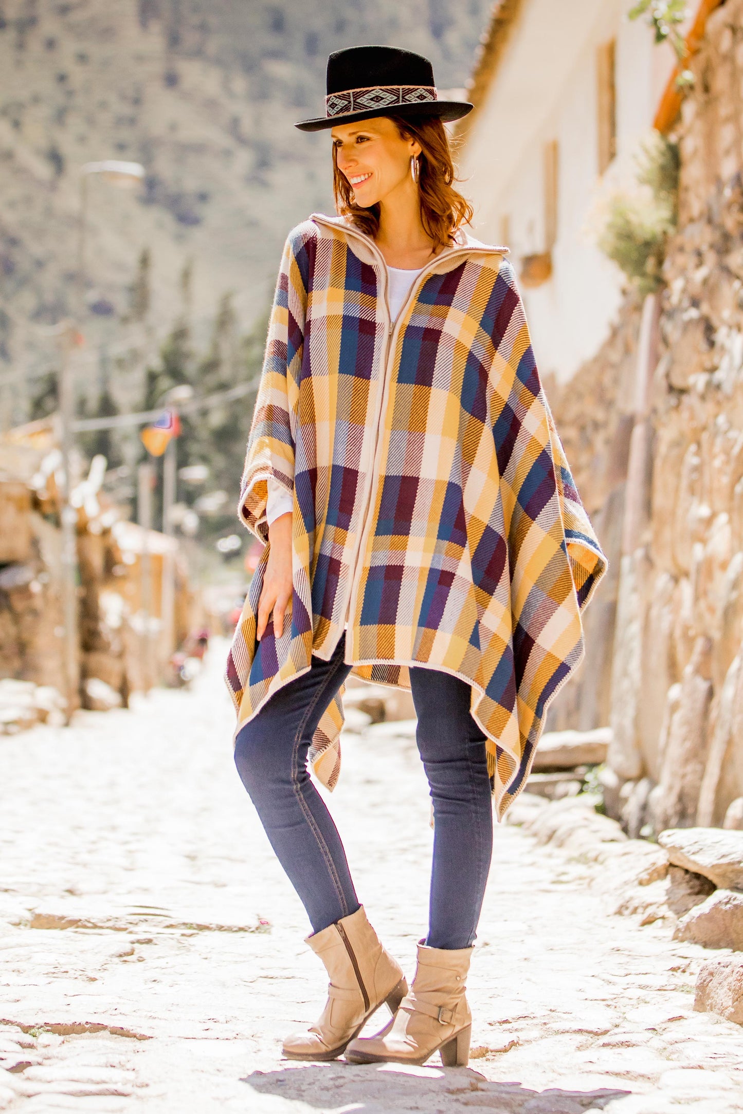 Cuzco Morning Check Pattern Alpaca Blend Poncho Sweater from Peru