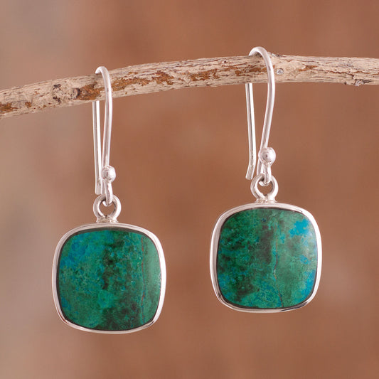 Window Square Chrysocolla Dangle Earrings from Peru