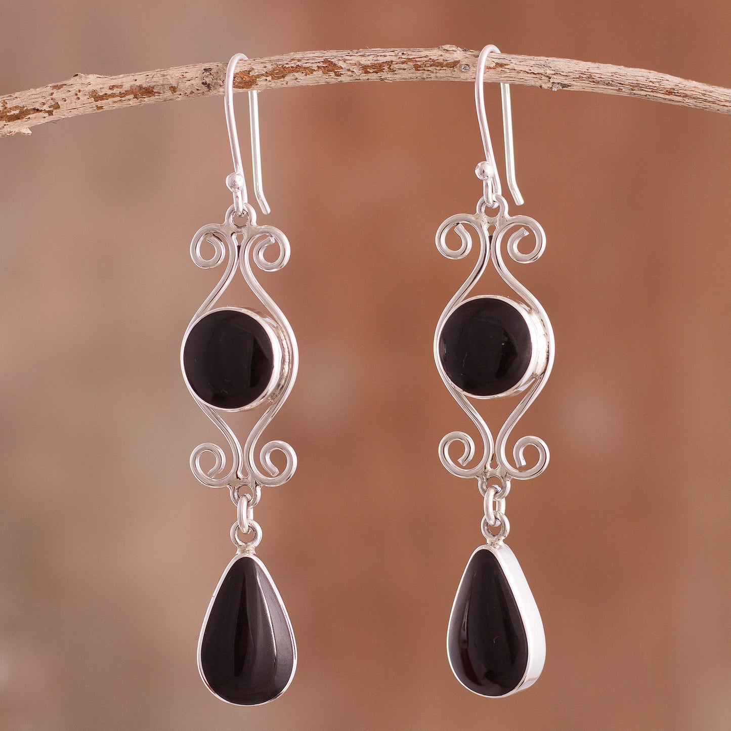 Vintage Drops Swirl Pattern Obsidian Dangle Earrings from Peru