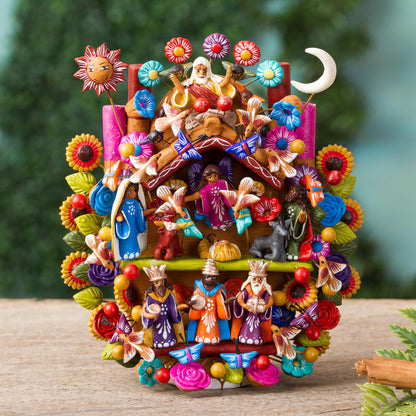 Tree of Life Nativity Hand-Painted Nativity Scene Ceramic Sculpture from Mexico