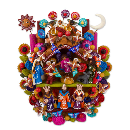 Tree of Life Nativity Hand-Painted Nativity Scene Ceramic Sculpture from Mexico