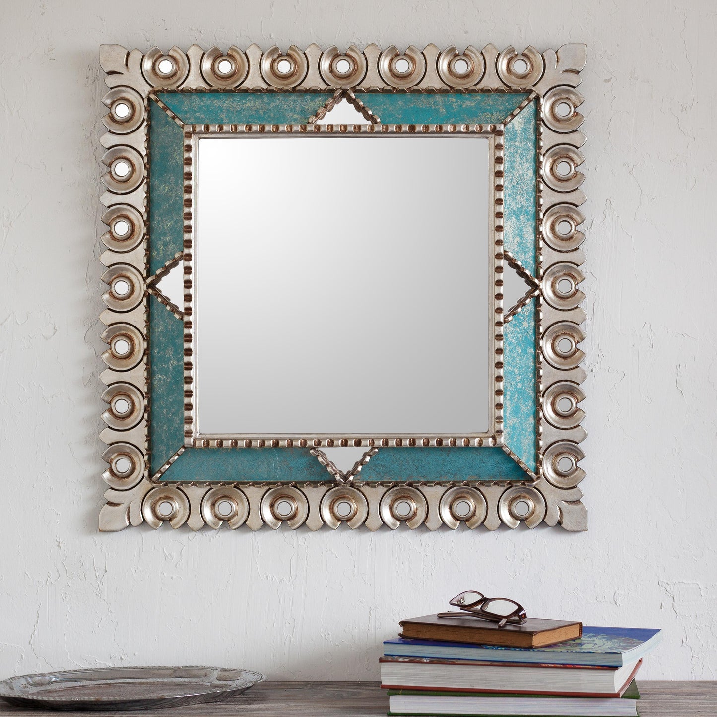 Colonial Trance Square Silver Gilded Wood Wall Mirror from Peru