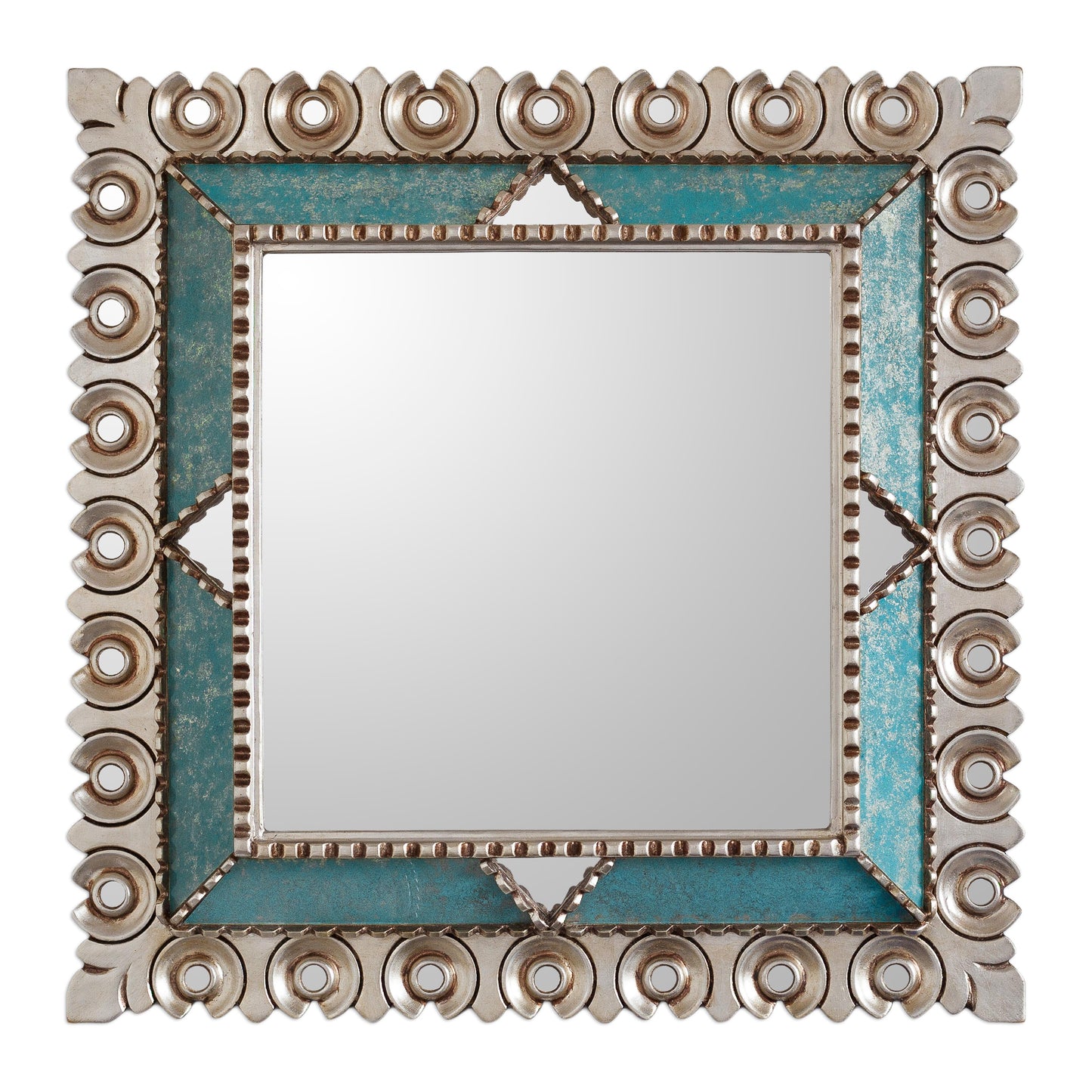 Colonial Trance Square Silver Gilded Wood Wall Mirror from Peru