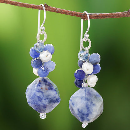 Beautiful Glam Lapis Lazuli and Cultured Pearl Beaded Cluster Earrings