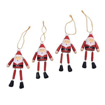 Dancing Santas Dangling Wood Santa Ornaments from Bali (Set of 4)