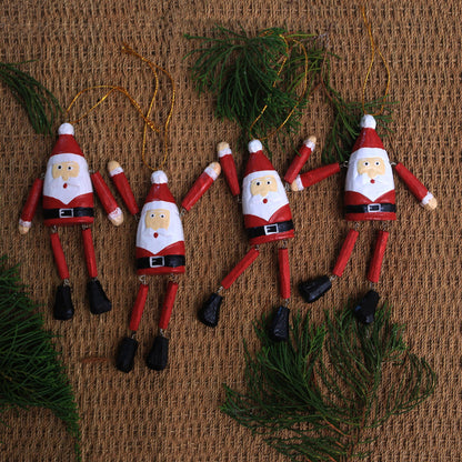 Dancing Santas Dangling Wood Santa Ornaments from Bali (Set of 4)