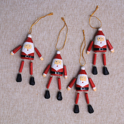 Dancing Santas Dangling Wood Santa Ornaments from Bali (Set of 4)