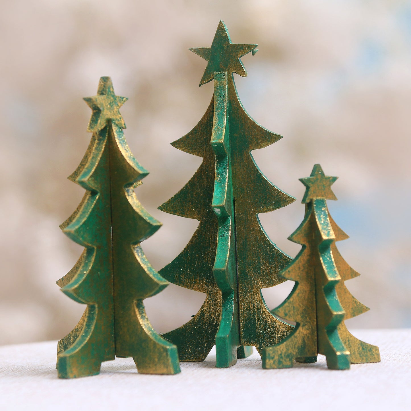 Three Christmas Trees Wood Christmas Tree Tabletop Decor from Bali (Set of 3)