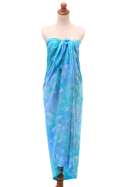 Life Underwater Oceanic Hand-Stamped Batik Rayon Sarong from Bali