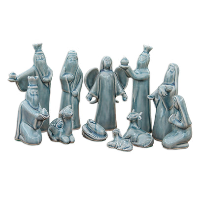 Blue Christmas Blue Celadon Ceramic Nativity Scene (11 Piece)