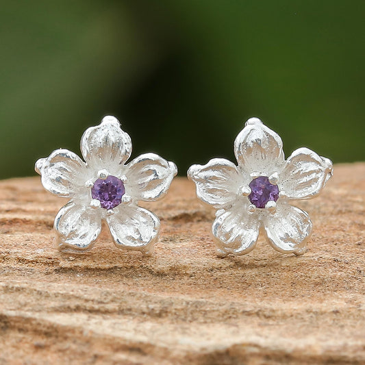 Winter Blooms Floral Amethyst Stud Earrings from Thailand