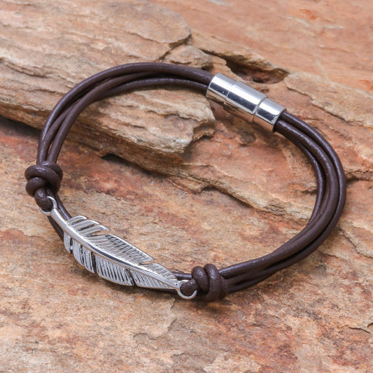 Stunning Feather in Brown Stainless Steel and Brown Leather Feather Pendant Bracelet