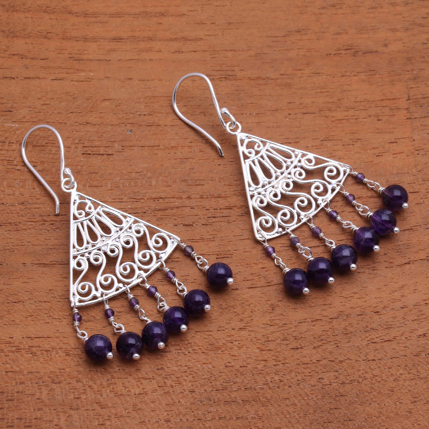 Spiral Fascination Spiral Pattern Amethyst Chandelier Earrings from Bali