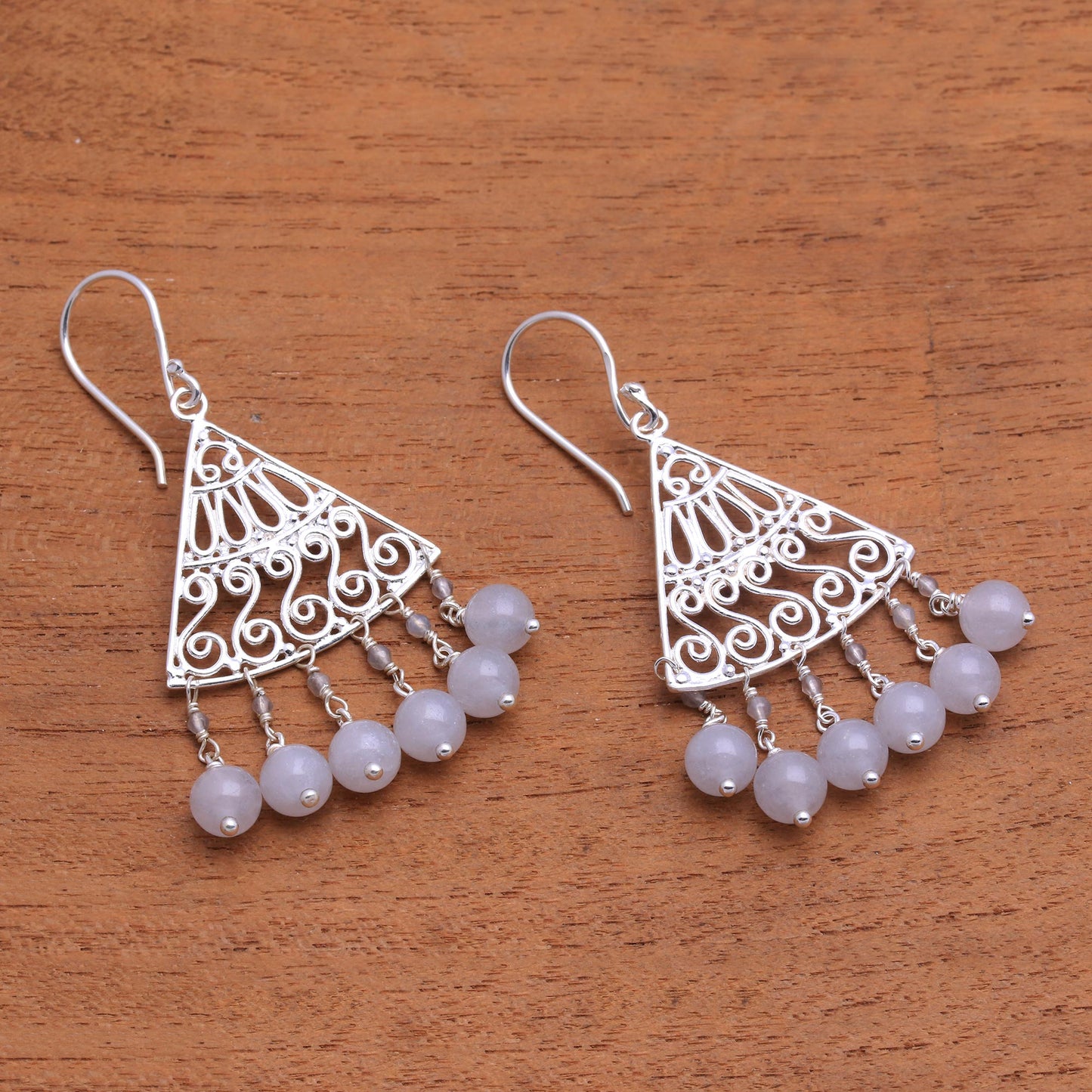 Spiral Fascination Spiral Pattern Moonstone Chandelier Earrings from Bali