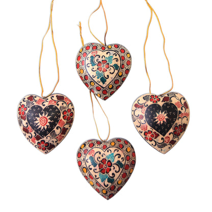 Heart Flowers Floral Batik Wood Heart Ornaments from Java (Set of 4)