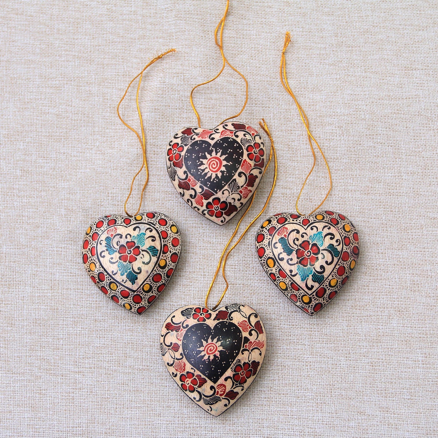 Heart Flowers Floral Batik Wood Heart Ornaments from Java (Set of 4)