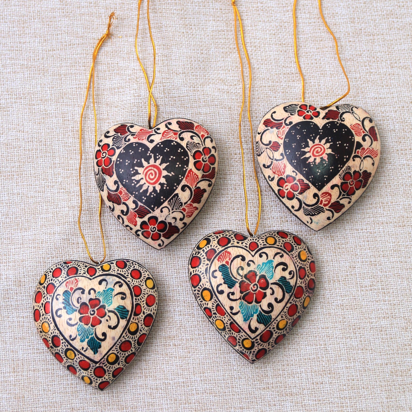 Heart Flowers Floral Batik Wood Heart Ornaments from Java (Set of 4)