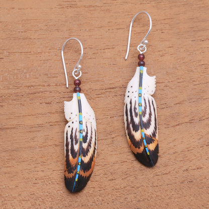 Antique Feathers Hand-Painted Bone and Amethyst Feather Dangle Earrings