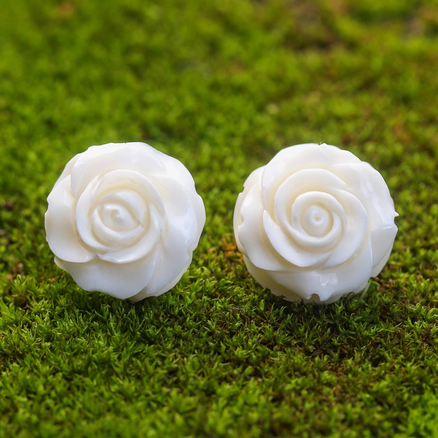 Fascinating Roses Hand-Carved Bone Rose Button Earrings from Bali