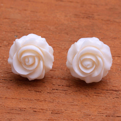 Fascinating Roses Hand-Carved Bone Rose Button Earrings from Bali