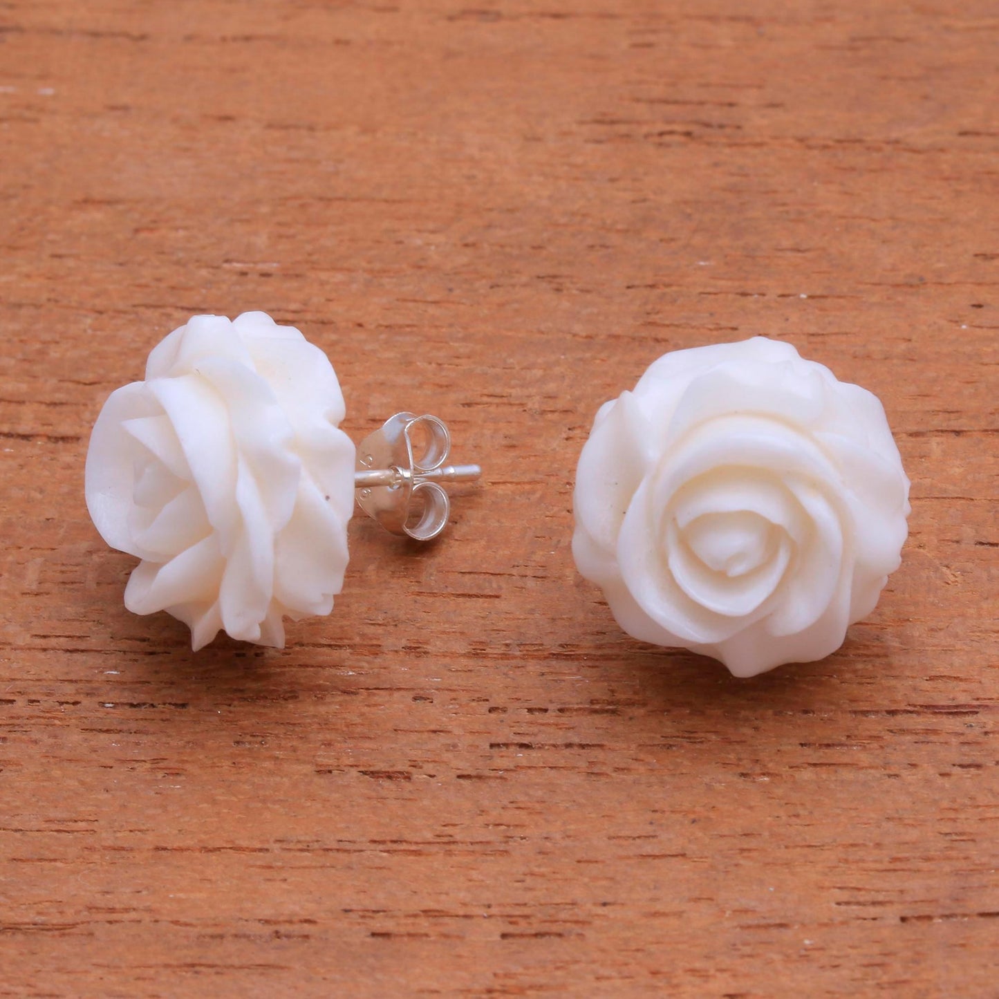 Fascinating Roses Hand-Carved Bone Rose Button Earrings from Bali