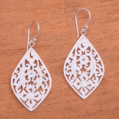 Bali Windows Hand-Carved Floral Bone Dangle Earrings from Bali