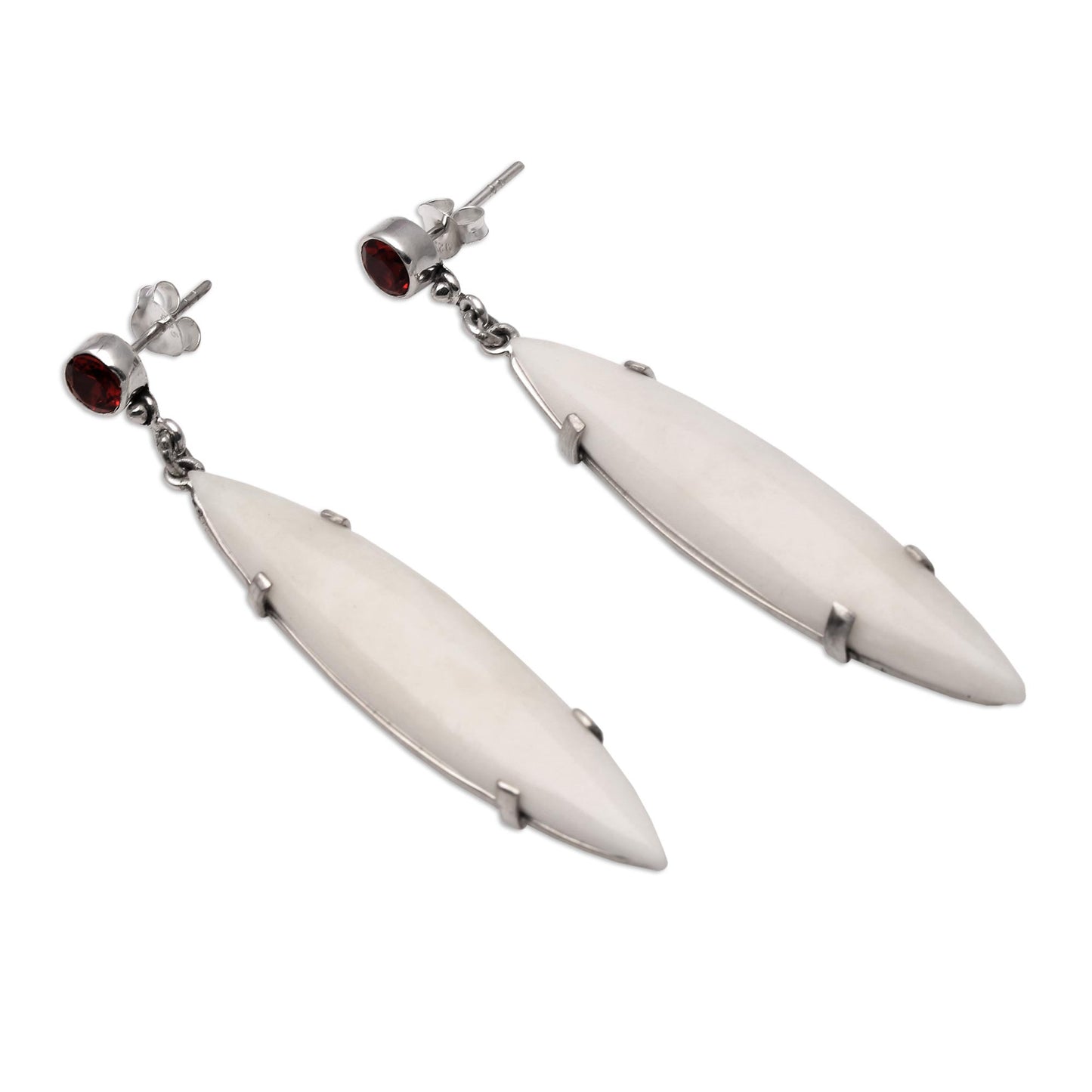 Beautiful Canoes Handmade Bone and Garnet Dangle Earrings from Bali