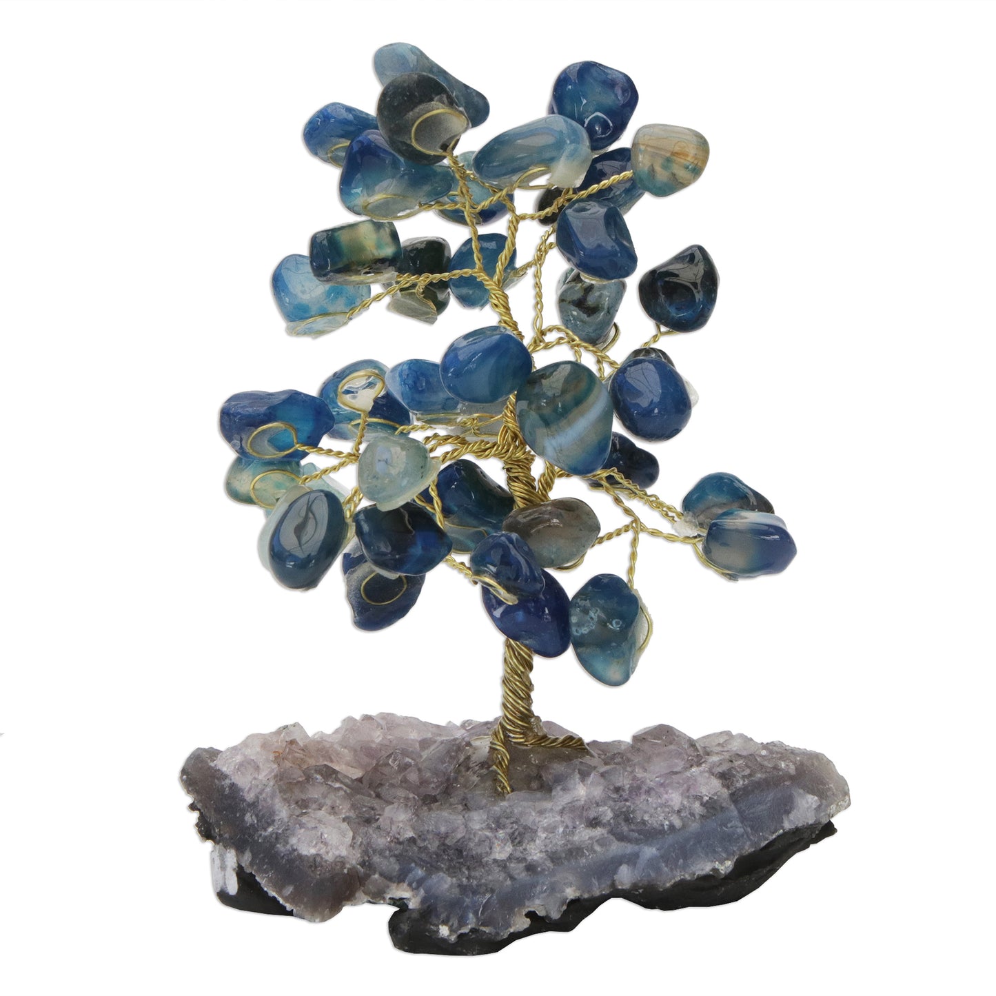 Cool Calm Blue Agate Gemstone Tree with an Amethyst Base from Brazil