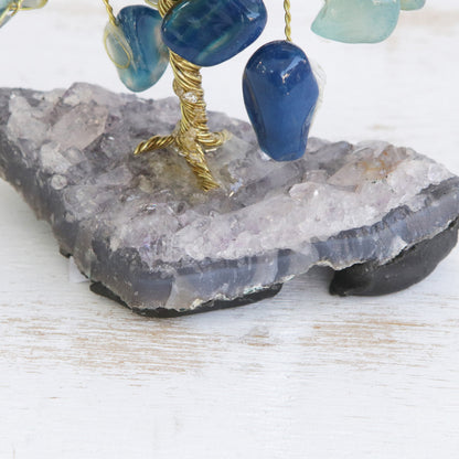 Cool Calm Blue Agate Gemstone Tree with an Amethyst Base from Brazil